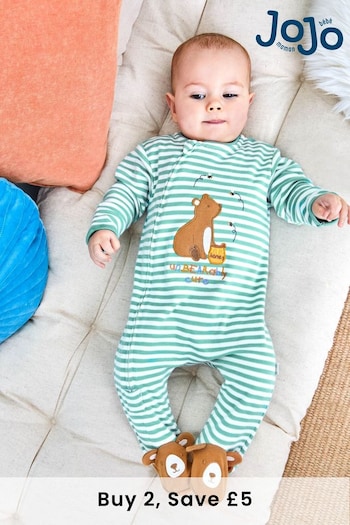 JoJo Maman Bébé Green Stripe Bear Appliqué Zip Cotton Baby Sleepsuit (C93411) | £21