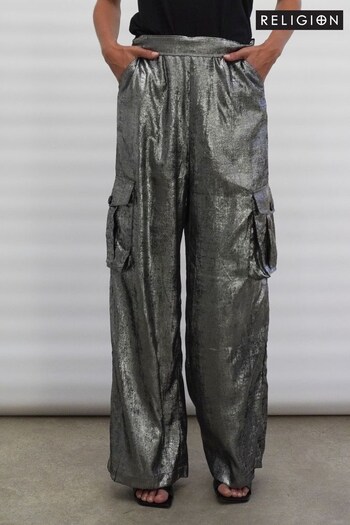 Religion Silver Foil Wide Leg Metallic Cargo Trousers With Pockets (C93618) | £75