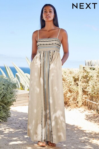 Neutral Embroidered Maxi Summer Dress With Linen (C93661) | £50