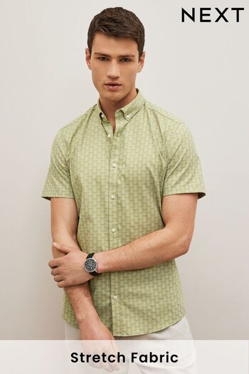 Green Stretch Oxford Printed Short Sleeve Shirt (C93775) | £30