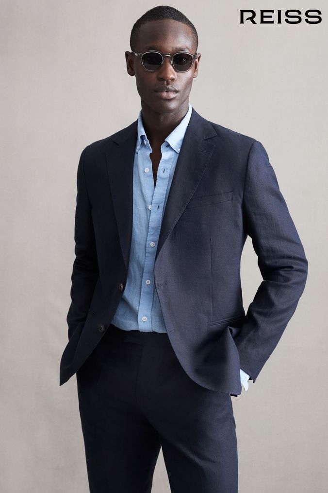 Reiss Navy Kin Slim Fit Single Breasted Linen Blazer (C94364) | £298