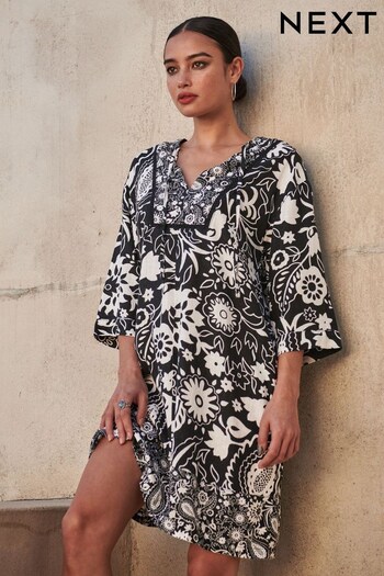 Black/White Floral Print Kaftan Dress With Linen (C94514) | £32