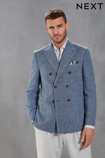 Blue Double Breasted Slim Signature Angelico Linen Blend Blazer (C94704) | £49