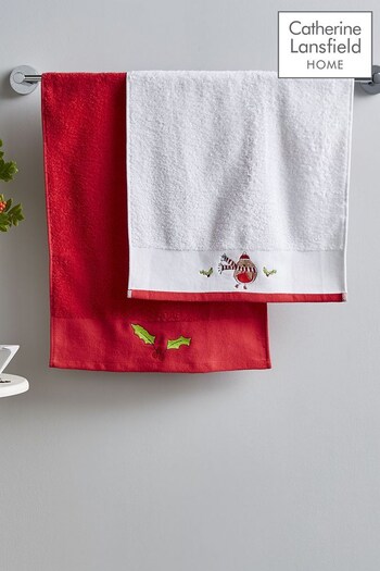 Catherine Lansfield Set of 2 Red Christmas Robins And Holly Cotton Towels (C94715) | £16