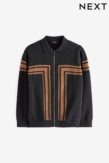 Black/Tan Brown Border Design Long Sleeve Knitted Zip Polo Shirt (3-16yrs) (C94726) | £17 - £22