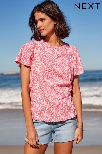 Pink Floral Ditsy Smocked Short Sleeves Round Neck Top (C94832) | £18