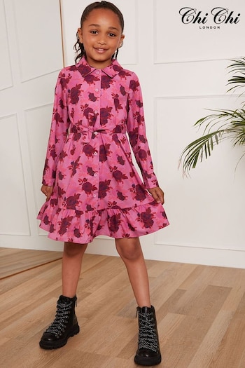 Chi Chi London Pink Younger Girls Floral Shirt Dress (C95207) | £45