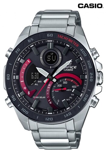 Casio 'Edifice' Silver and Black Stainless Steel Solar Chronograph Radio-Controlled Watch (C95361) | £199