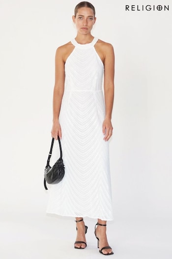 Religion White Halterneck Beaded Sequin Midi Maxi Dress (C95468) | £120