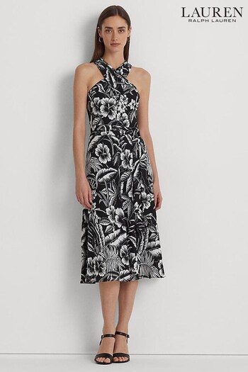 Lauren Ralph Lauren Black Floral Georgette Hinzee Halter Dress (C96096) | £249