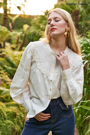 Another Sunday Long Sleeved Blouse With Lace Detail In White (C96445) | £40