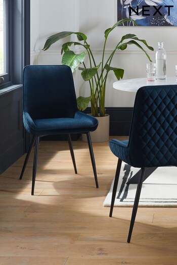 Set of 2 Soft Velvet Navy Blue Black Legs Hamilton Reverse Non Arm Dining Chairs (C96933) | £250