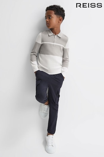 Reiss Soft Grey/White Tokyo Senior Slim Fit Colourblock Half Zip Shirt (C98017) | £42