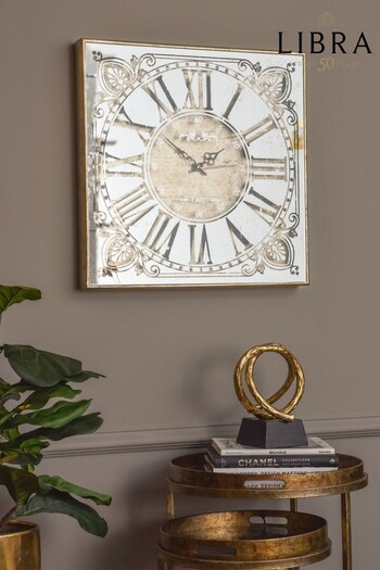 Libra Interiors Gold Vienna Antique Square Mirrored Wall Clock (C98150) | £150
