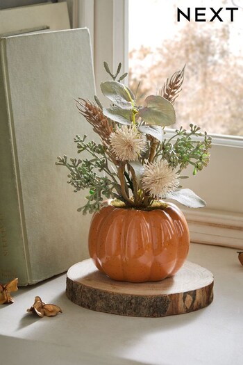 Green Artificial Flowers In Pumpkin Pot (C98331) | £14