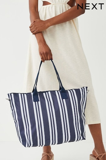 Navy Blue/White Stripe Fold-Away Beach Bag (C98647) | £22