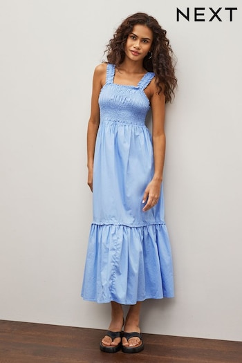 Blue Cotton Maxi Shirred Dress (C98660) | £35