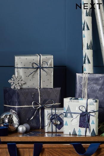 Set of 3 Navy Metallic Christmas Wrapping Paper and Accessories (C98798) | £7