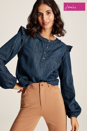 Joules Blue Remi Frill Shoulder Chambray Blouse (C98909) | £44.95