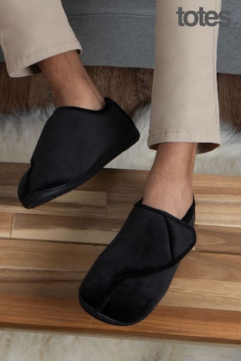 Totes browne Black Isotoner Mens Velour Closed Back Slipper With Velcro Opening (C99069) | £30