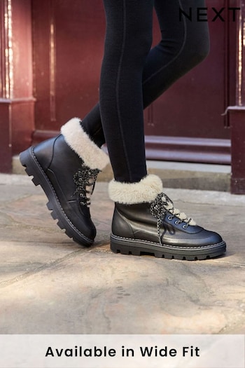 Black Regular/Wide Fit Forever Comfort® Faux Fur Lace Up Chunky Boots (C99088) | £54