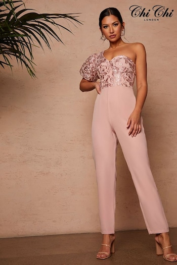 Chi Chi London Pink One Shoulder Puff Sleeve Embroidered Jumpsuit (C99266) | £105