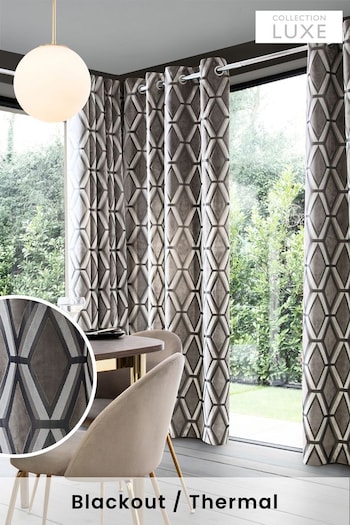 Grey Collection Luxe Heavyweight Geometric Cut Velvet Blackout/Thermal Eyelet Curtains (C99781) | £195 - £370