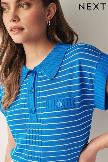 Blue Stripe Linen Short Sleeve Polo Neck Top (D00447) | £28