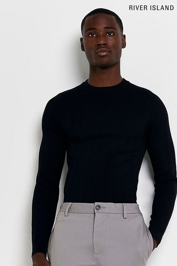 River Island Muscle Rib Black Crew Neck Jumper (D00890) | £30