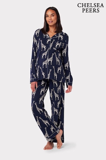 Chelsea Peers Blue Maternity Organic Cotton Giraffe Print Long Pyjama Set (D01104) | £55