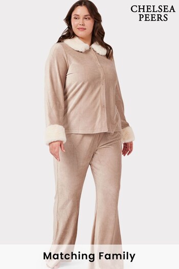 Chelsea Peers Brown Curve Corduroy & Faux Fur Long Pyjama Set (D01105) | £50