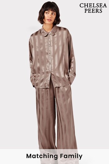 Chelsea Peers Brown Satin Jacquard Stripe Long Pyjama Set (D01109) | £55