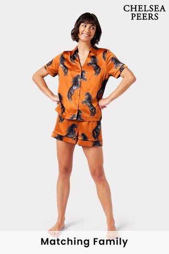 Chelsea Peers Orange Satin Orange Horses Print Short Pyjama Set (D01117) | £45