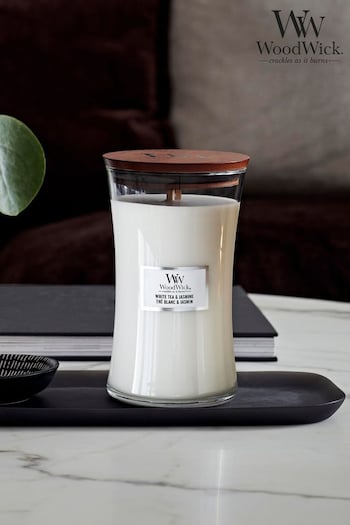 Woodwick White Large Hourglass Tea And Jasmine Candle (D01205) | £33