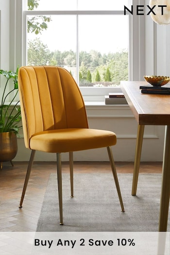 Set of 2 Soft Velvet Ochre Yellow Brushed Gold Leg Stella Non Arm Dining Chairs (D01333) | £250