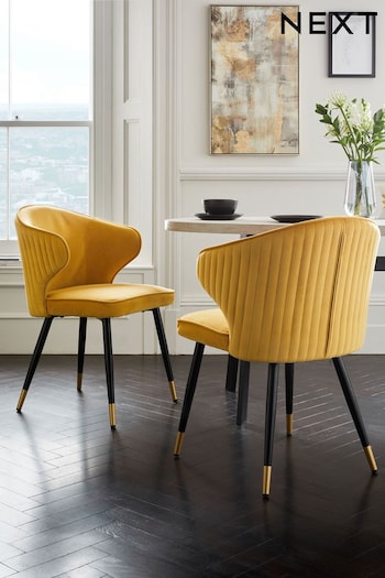 Set of 2 Soft Velvet Ochre Yellow Piano Arm Dining Chairs (D01335) | £299