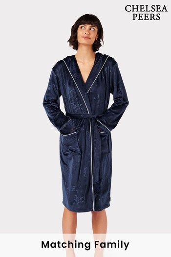 Chelsea Peers Blue Velour Leopard Print Hooded Dressing Gown (D01663) | £55