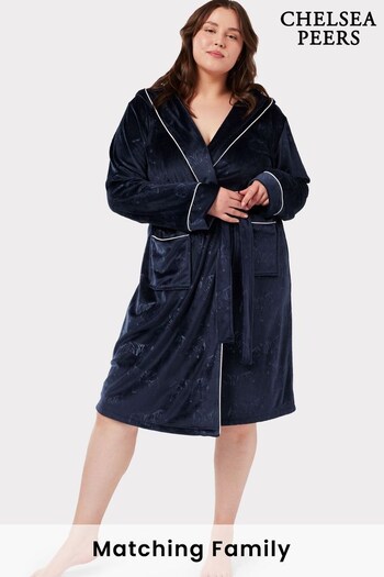 Chelsea Peers Blue Curve Velour Leopard Print Hooded Dressing Gown (D01674) | £55