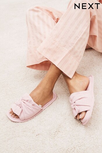 Pink Linen Bow Slider Slippers (D02012) | £12