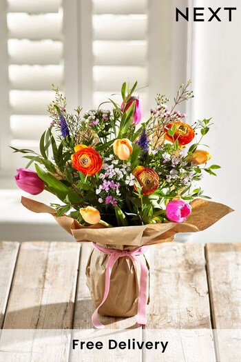 Multi Gift Wrapped Fresh Flower Bouquet With Vase (D02309) | £35