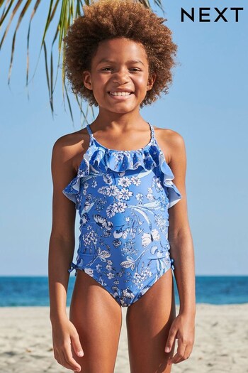 Blue/White Floral Frill Swimsuit (3mths-16yrs) (D02466) | £14 - £19