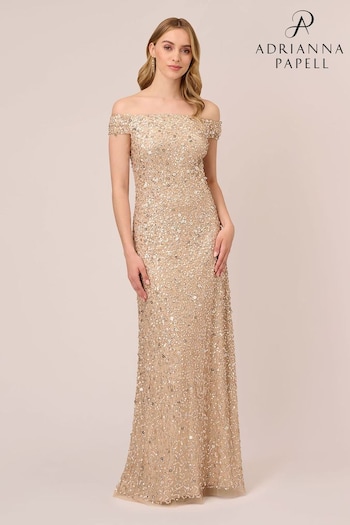 Adrianna Papell Natural Off Shlder Crunchy Bead Gown (D02700) | £299