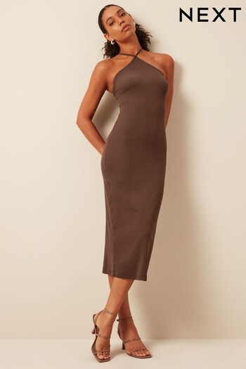 Chocolate Brown Halter Neck Ribbed Midi Dress (D02736) | £18