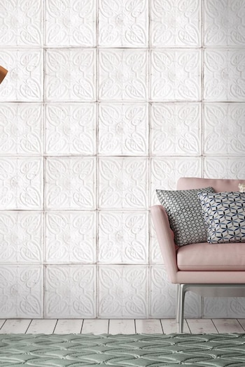 Woodchip & Magnolia White Tin Tile Wallpaper (D03210) | £75