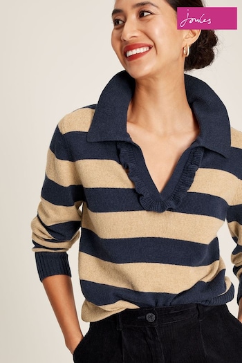 Joules Maddie Oat Striped V Neck Jumper with Collar (D03733) | £64.95
