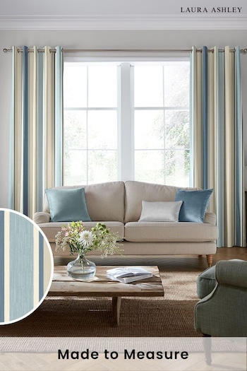 Laura Ashley Seaspray Blue Awning Stripe Made To Measure Curtains (D04313) | £100