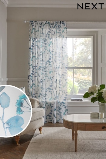 Blue Isla Floral Printed Voile Slot Top Unlined Sheer Panel Curtain (D04383) | £18 - £26