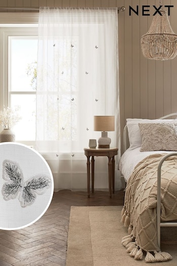 White Butterfly Embroidered Slot Top Unlined Sheer Panel Voile Curtain (D04384) | £24 - £32