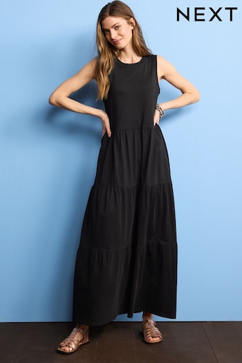 Black Sleeveless Crew Neck Tiered Summer Maxi Fashionkilla Dress (D06304) | £26
