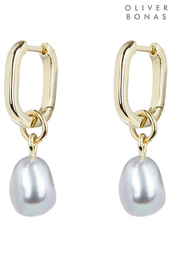 Oliver Bonas Grey Hama Pearl Drop Gold Plated Huggie Earrings (D06794) | £48